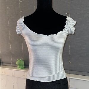 Brandy Melville Striped White & Light Blue Off-Shoulder Ribbed Top